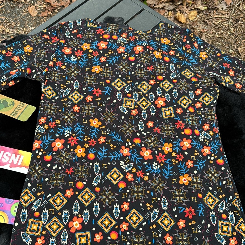 LuLaRoe Black Orange Floral Blue Arrowheads Dress To The Knees Midi Geometric XL